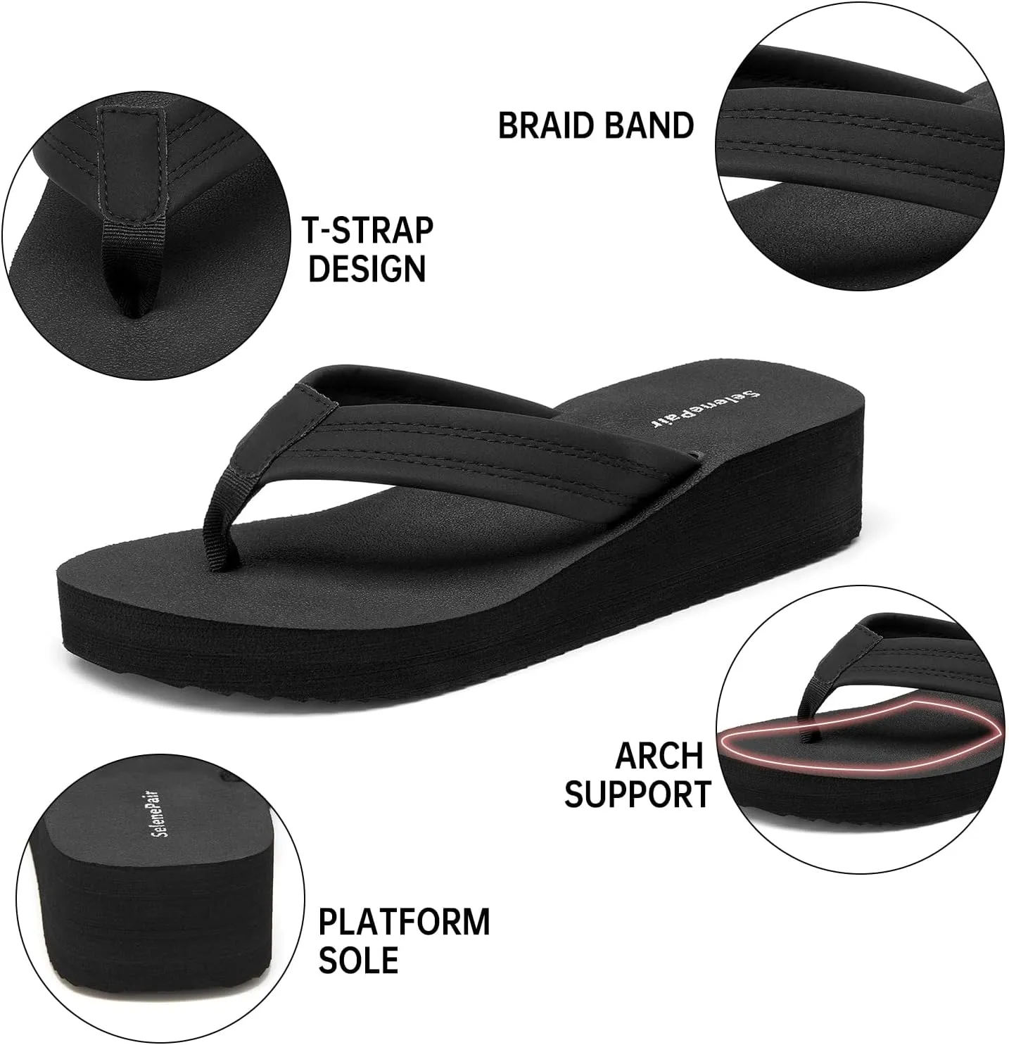 SelenePair Women's Platform Flip Flops Comfortable Arch Support Rhinestone Braid Summer Beach Slide Sandals Soft Woven Strap Slip On Lightweight Casual Walking Thong Sandals