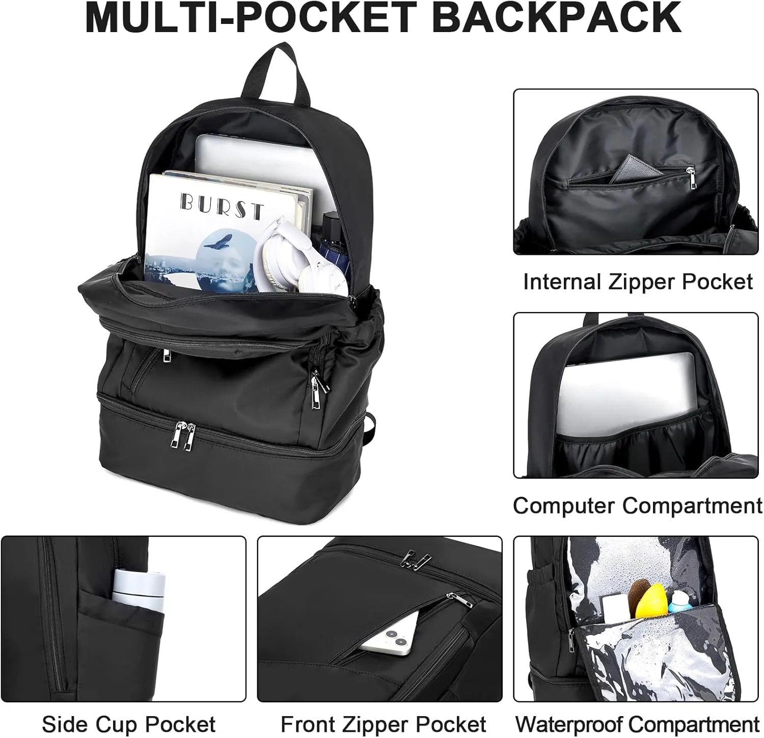 seyfocnia Gym Backpack for Men,Waterproof Backpack With Shoe Compartment Lightweight Travel Backpack Sports Backpack Casual Daypack Backpack-Black