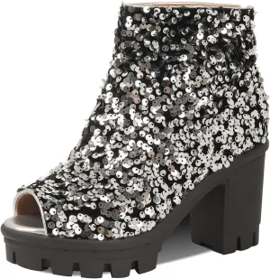 SHEMEE Peep Toe Glitter Ankle Boots for Women Chunky High Heeled Sandals Sparkly Sequin Block Heels Summer Booties with Zipper