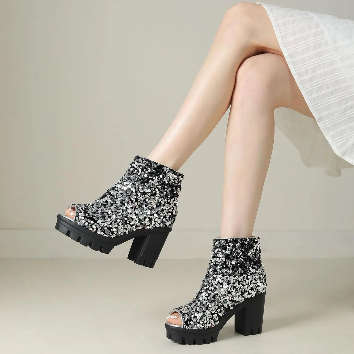 SHEMEE Peep Toe Glitter Ankle Boots for Women Chunky High Heeled Sandals Sparkly Sequin Block Heels Summer Booties with Zipper