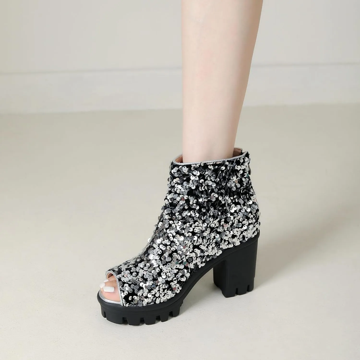 SHEMEE Peep Toe Glitter Ankle Boots for Women Chunky High Heeled Sandals Sparkly Sequin Block Heels Summer Booties with Zipper