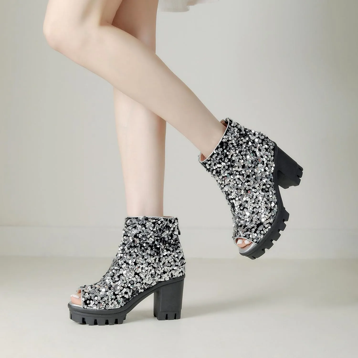 SHEMEE Peep Toe Glitter Ankle Boots for Women Chunky High Heeled Sandals Sparkly Sequin Block Heels Summer Booties with Zipper