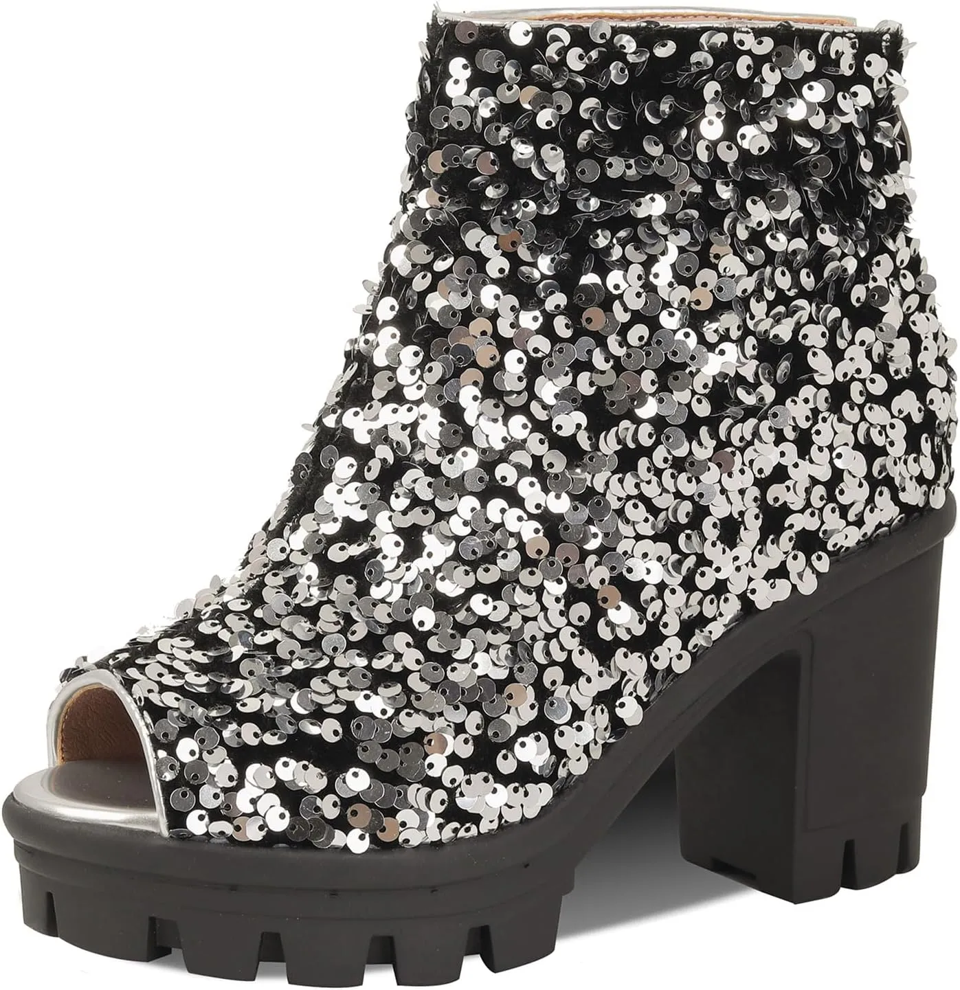 SHEMEE Peep Toe Glitter Ankle Boots for Women Chunky High Heeled Sandals Sparkly Sequin Block Heels Summer Booties with Zipper