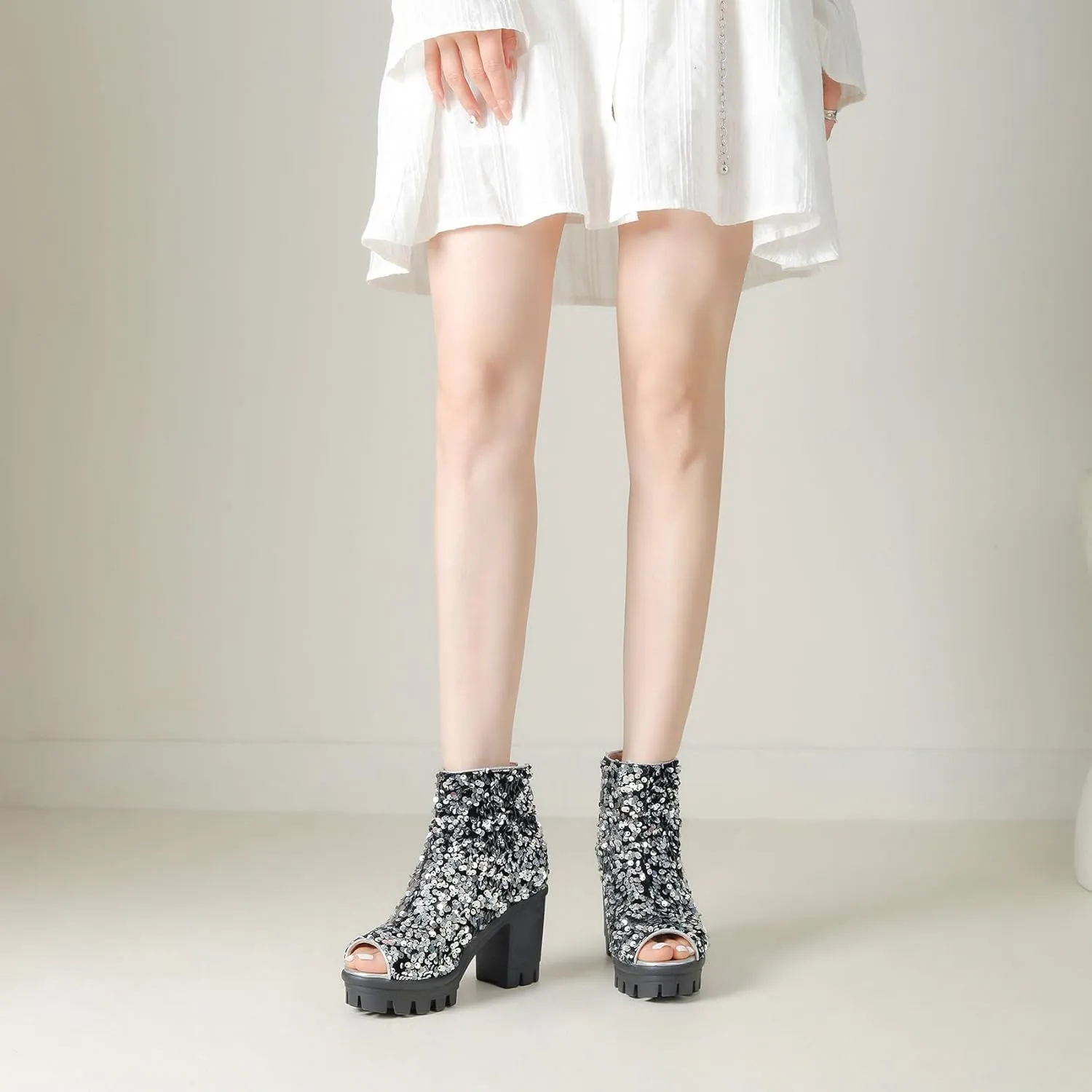 SHEMEE Peep Toe Glitter Ankle Boots for Women Chunky High Heeled Sandals Sparkly Sequin Block Heels Summer Booties with Zipper