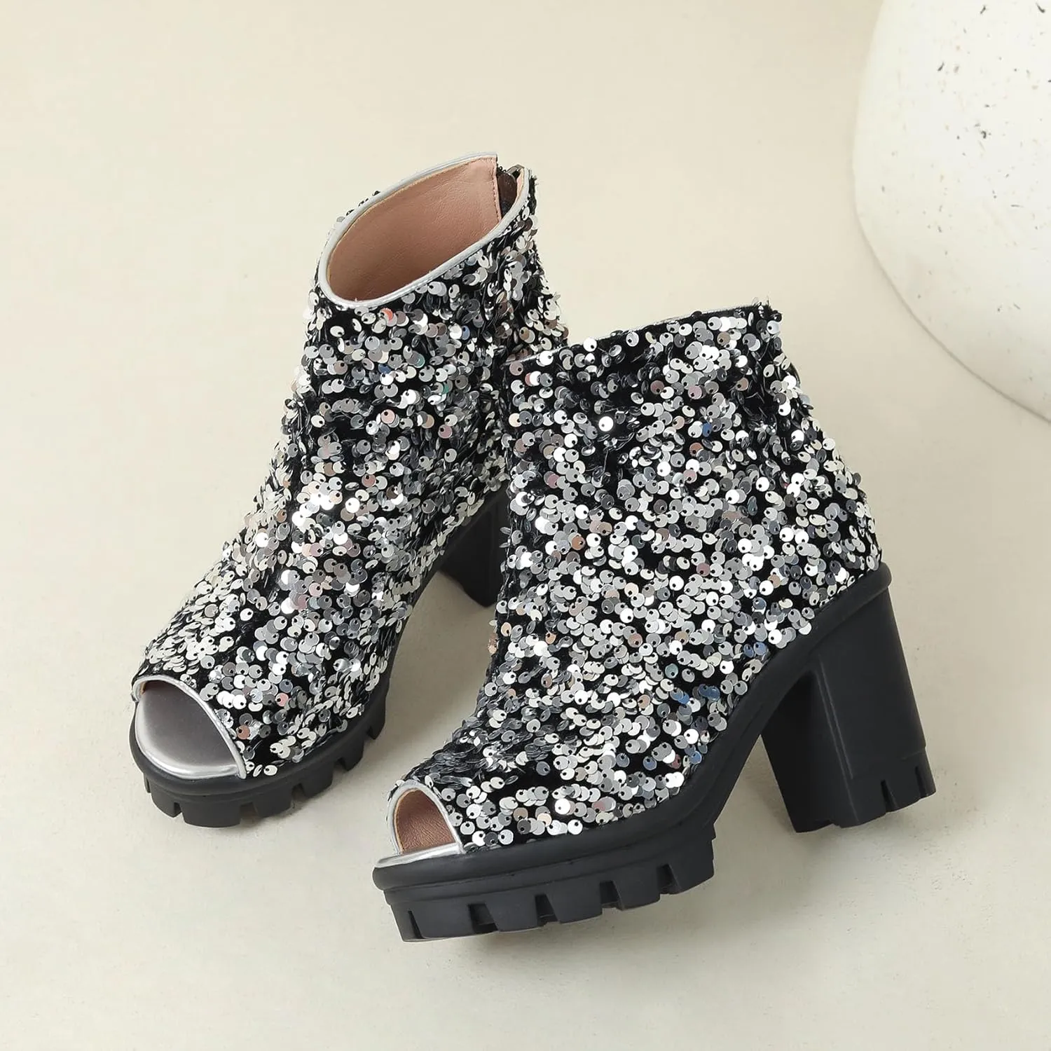 SHEMEE Peep Toe Glitter Ankle Boots for Women Chunky High Heeled Sandals Sparkly Sequin Block Heels Summer Booties with Zipper