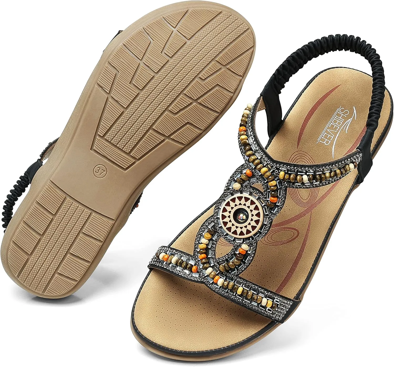 SHIBEVER Womens Flat Sandals Elastic Ankle Strap Sandals Dressy Casual Summer