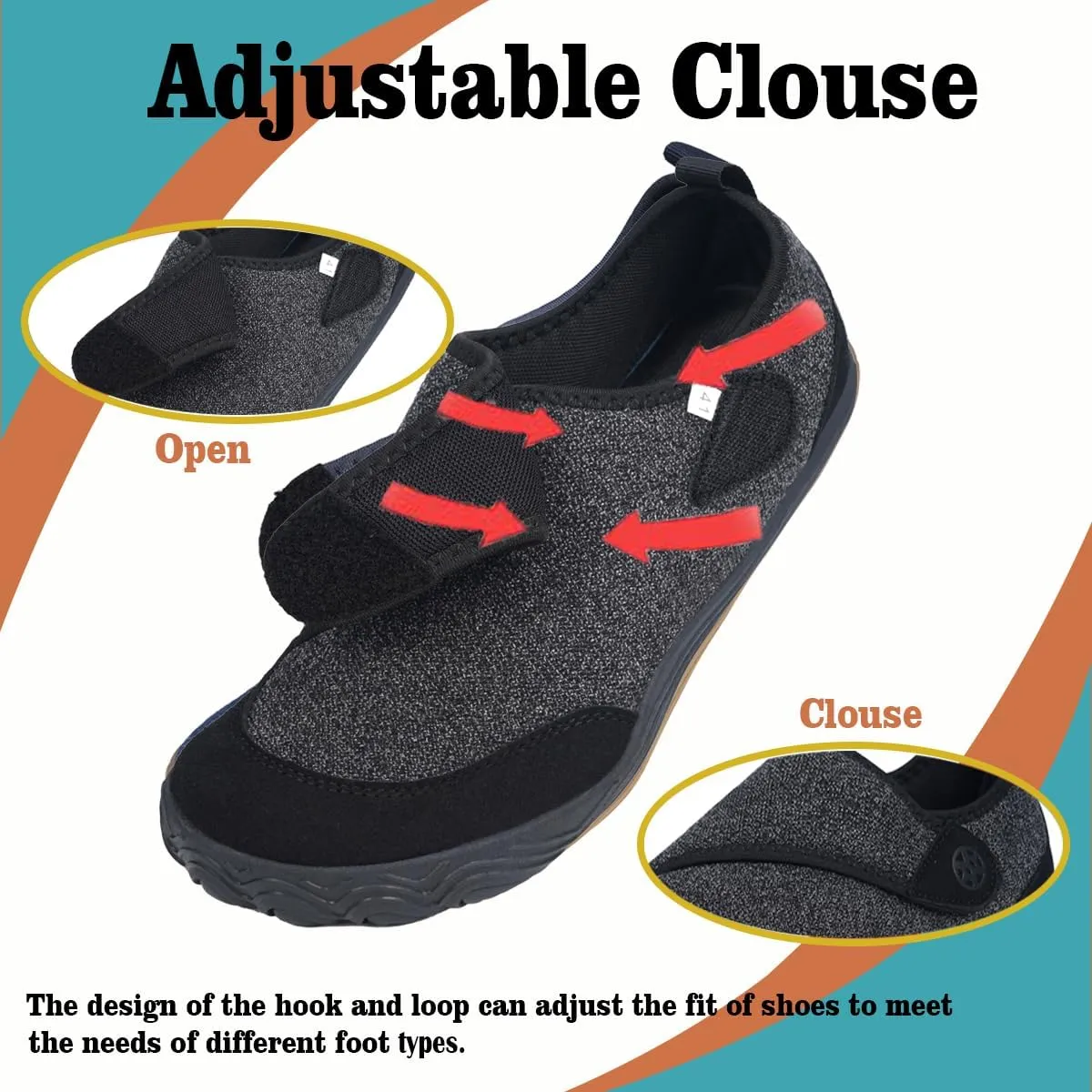 Sisttke Womens Mens Barefoot Slippers Wide Diabetic Shoes with Arch Support Orthopedic Adjustable Walking Slipper Arthritis Edema Swollen House Shoes Indoor Outdoor