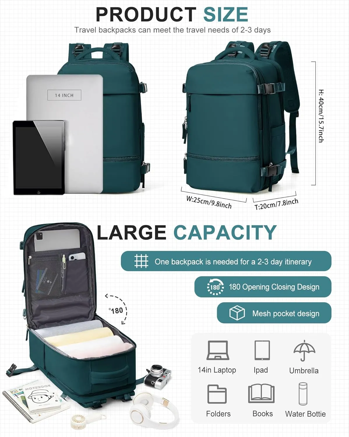Small Carry on Backpack, Mini Travel Backpack Airplane Approved Weekender Bag for Women Men, Water Resistant Lightweight Daypack with Shoe Compartment, Laptop Backpack for Business, Peacock Blue