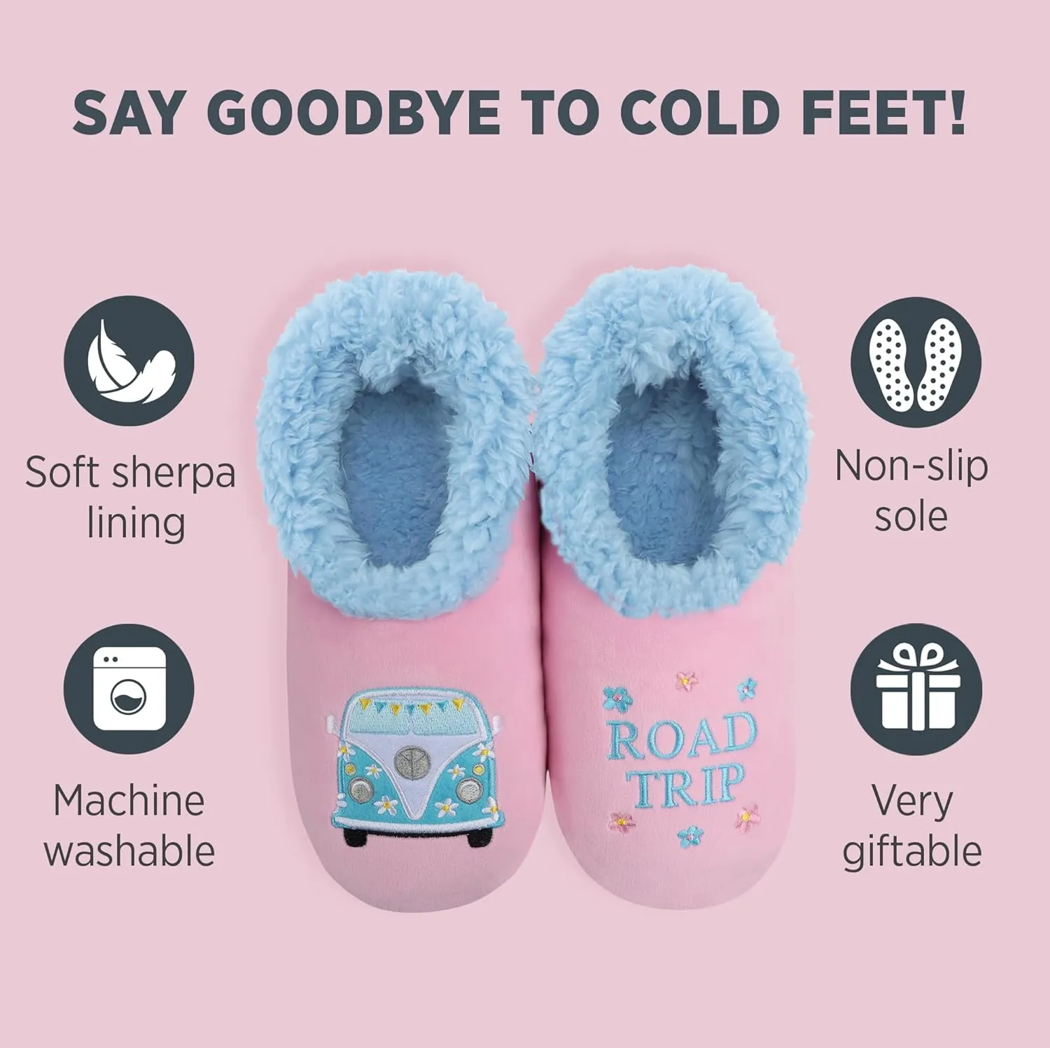 Snoozies Pairable Slipper Socks - Funny House Slippers for Women, Non-Slip Fuzzy Slipper Socks - Happy Camper
