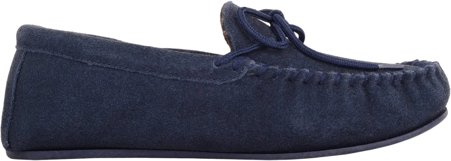 SNUGRUGS Mens Cotton Lined Suede Moccasin Slipper with Rubber Sole