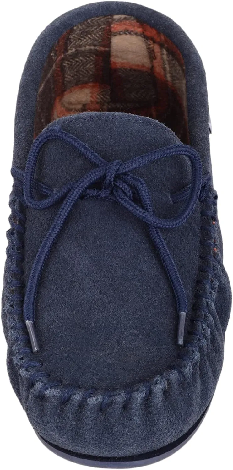 SNUGRUGS Mens Cotton Lined Suede Moccasin Slipper with Rubber Sole