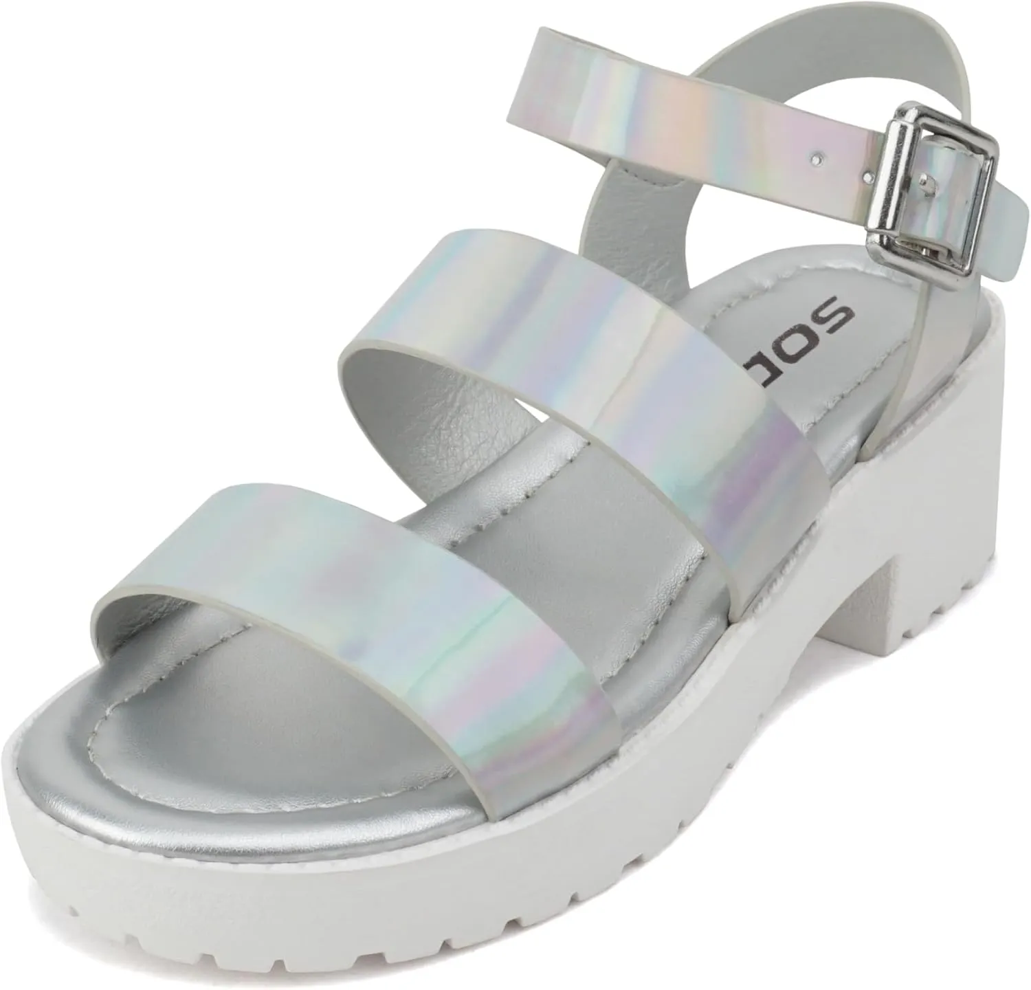 Soda ACCOUNT-2 ~ Little Kids/Children/Girls Open Toe Two Bands Lug sole Fashion Block Heel Sandals with Adjustable Ankle Strap