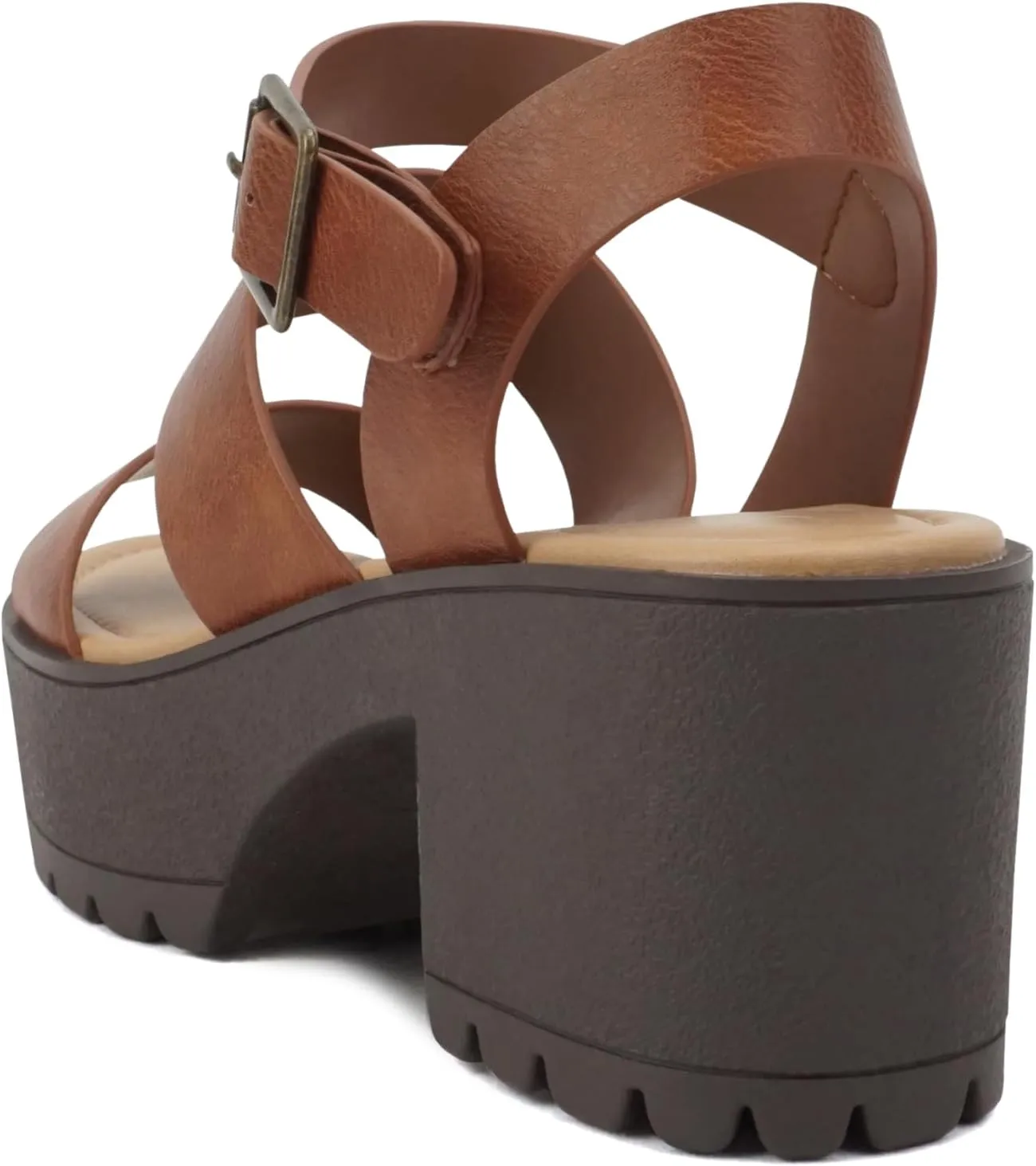 Soda ACCOUNT ~ Women Open Toe Two Bands Lug sole Fashion Block Heel Sandals with Adjustable Ankle Strap