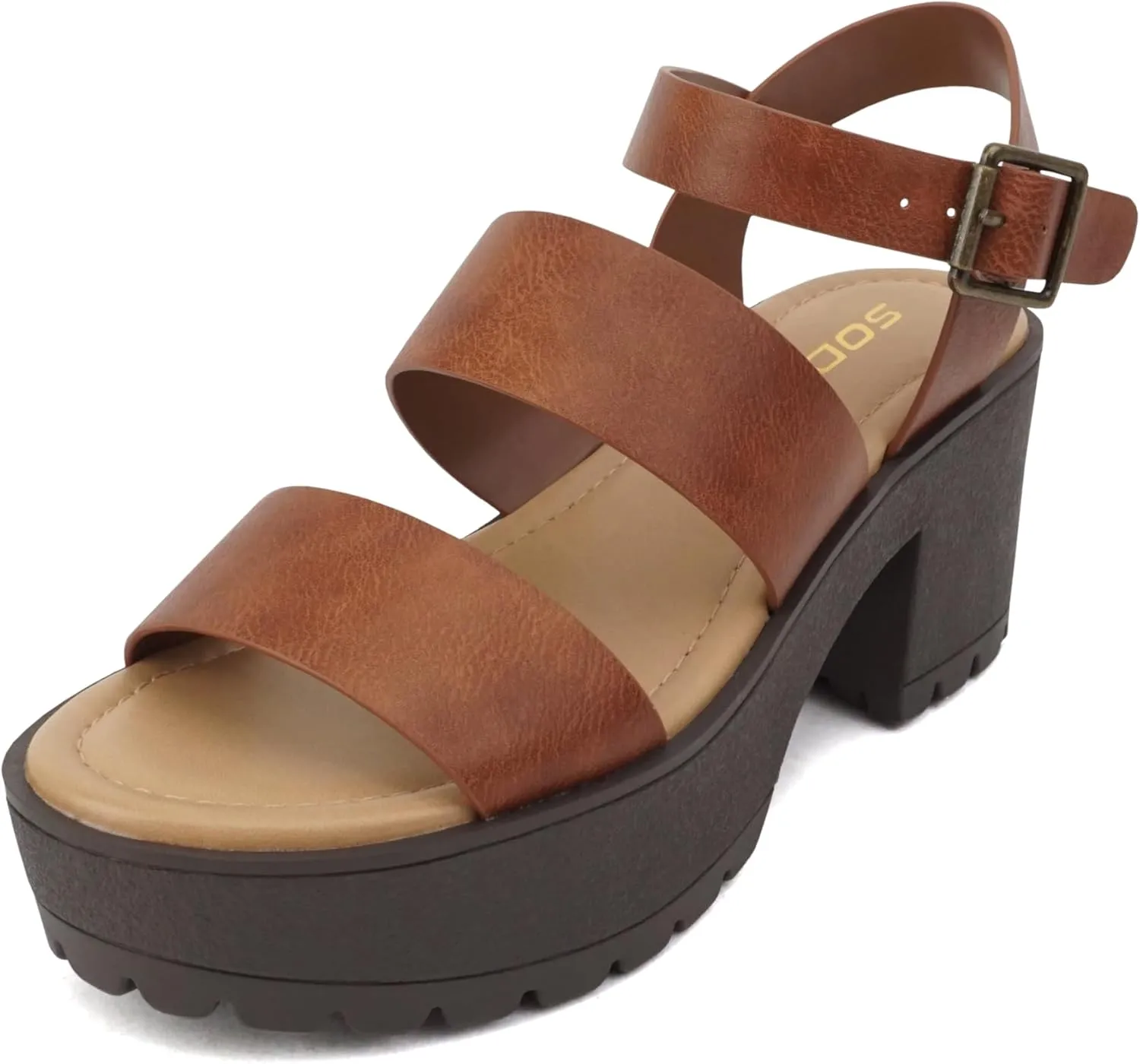 Soda ACCOUNT ~ Women Open Toe Two Bands Lug sole Fashion Block Heel Sandals with Adjustable Ankle Strap