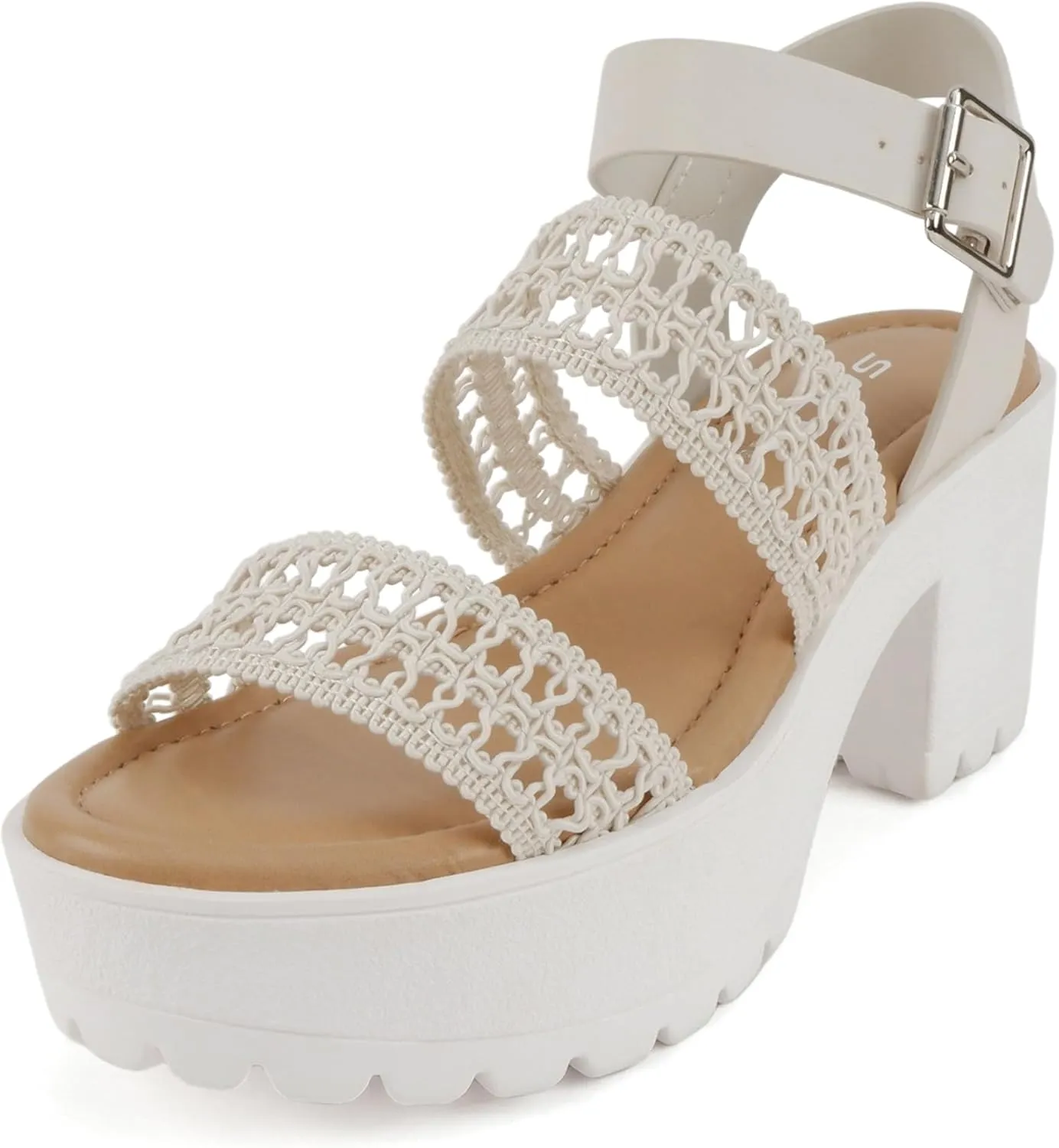 Soda ACCOUNT ~ Women Open Toe Two Bands Lug sole Fashion Block Heel Sandals with Adjustable Ankle Strap