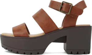 Soda ACCOUNT ~ Women Open Toe Two Bands Lug sole Fashion Block Heel Sandals with Adjustable Ankle Strap