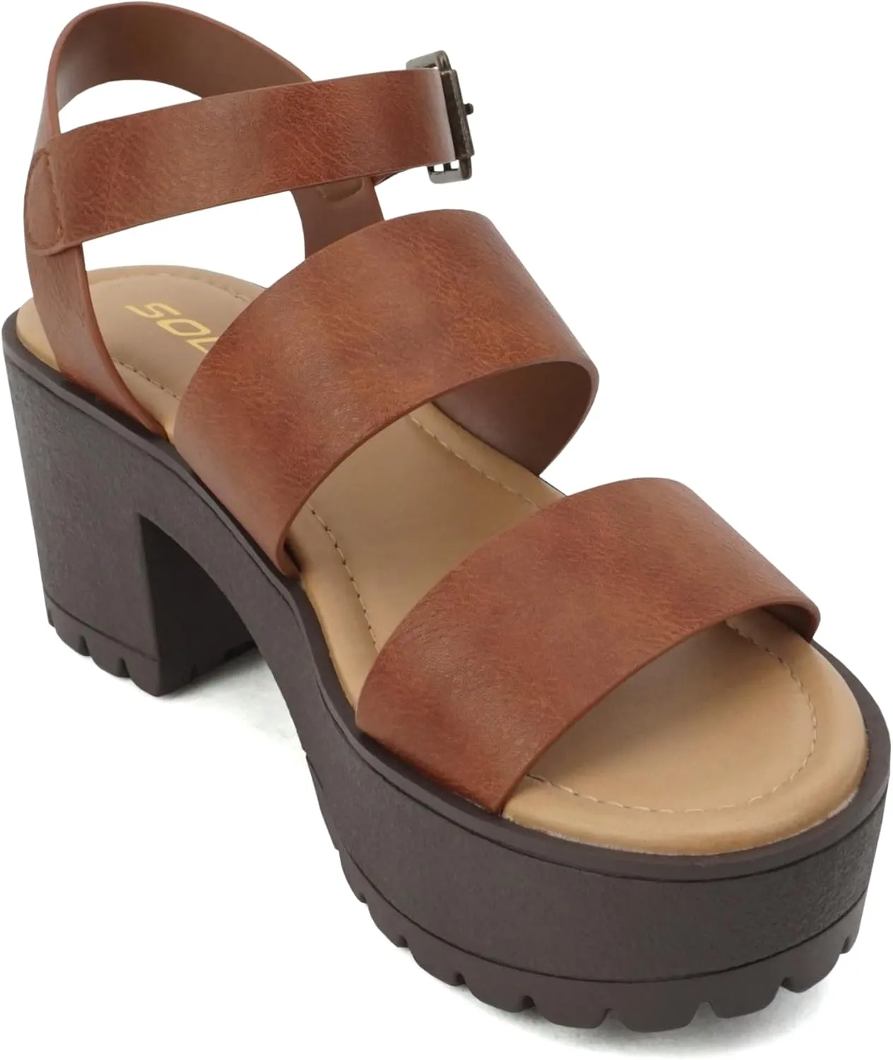 Soda ACCOUNT ~ Women Open Toe Two Bands Lug sole Fashion Block Heel Sandals with Adjustable Ankle Strap