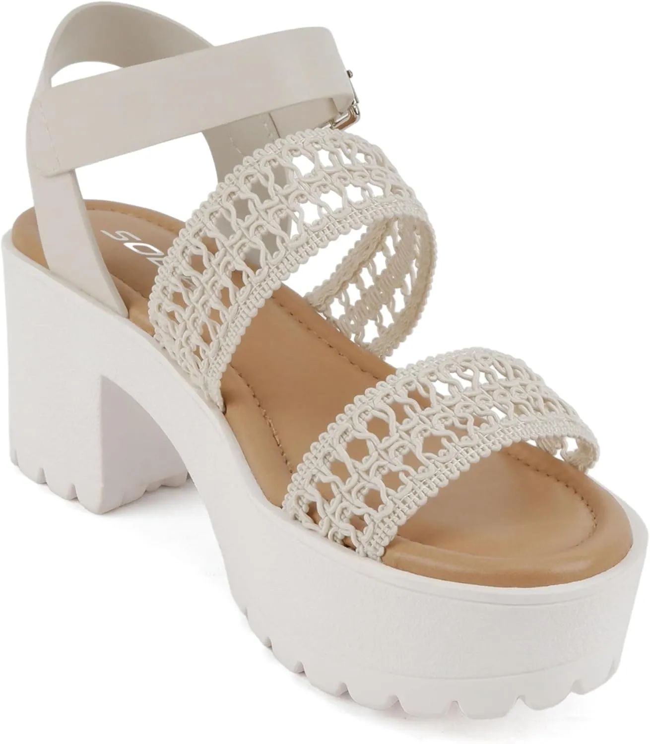 Soda ACCOUNT ~ Women Open Toe Two Bands Lug sole Fashion Block Heel Sandals with Adjustable Ankle Strap