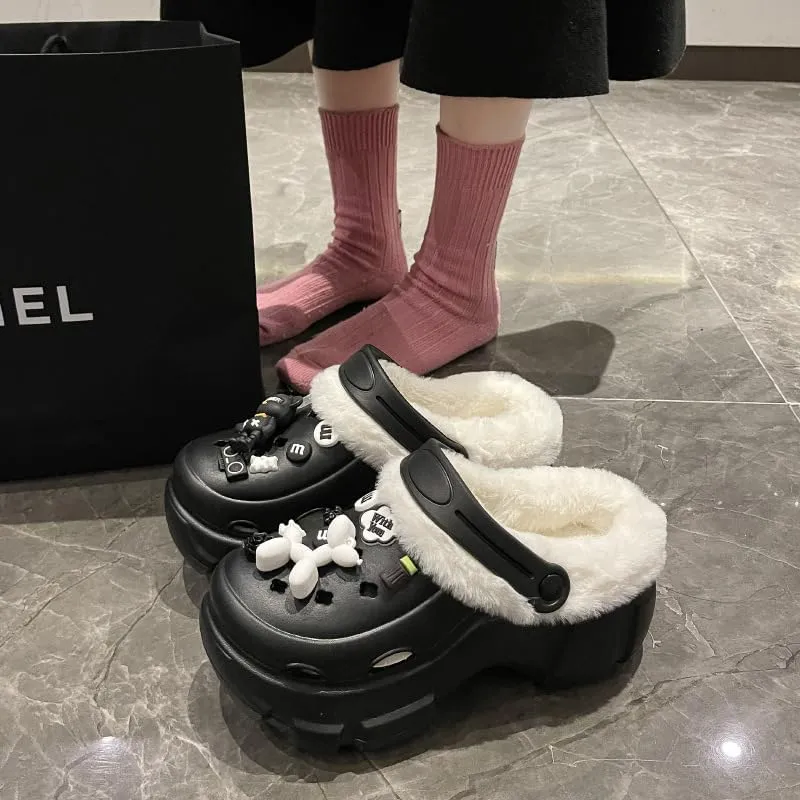 Solid Color Thermal Lined Clogs, Slip On Soft Sole Platform Non-Slip Fuzzy Shoes, Winter Plush Closed Toe Shoes