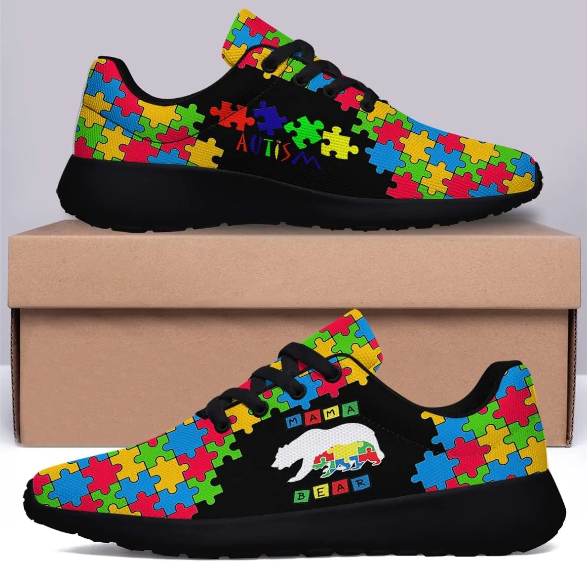 Sonzj-II Autism Shoes Women Men Lightweight Breathable Running Sneaker Autism Awareness Puzzle Pattern Tennis Walking Gym Shoes