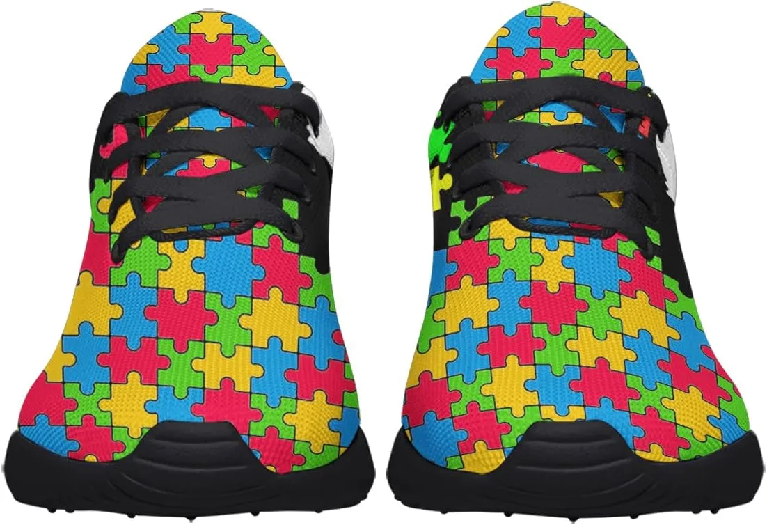 Sonzj-II Autism Shoes Women Men Lightweight Breathable Running Sneaker Autism Awareness Puzzle Pattern Tennis Walking Gym Shoes