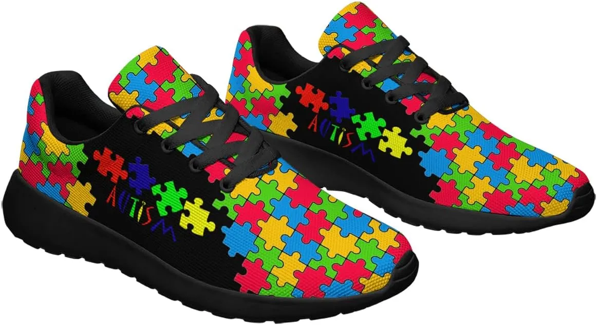 Sonzj-II Autism Shoes Women Men Lightweight Breathable Running Sneaker Autism Awareness Puzzle Pattern Tennis Walking Gym Shoes