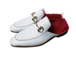 Special Edition Mens White Handcrafted Italian Leather Luxury Slippers Mule with Red Calf hair Insole (10, Mule, White)