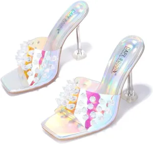 Square Peep Toe Slip On High Heel Sandals Holo