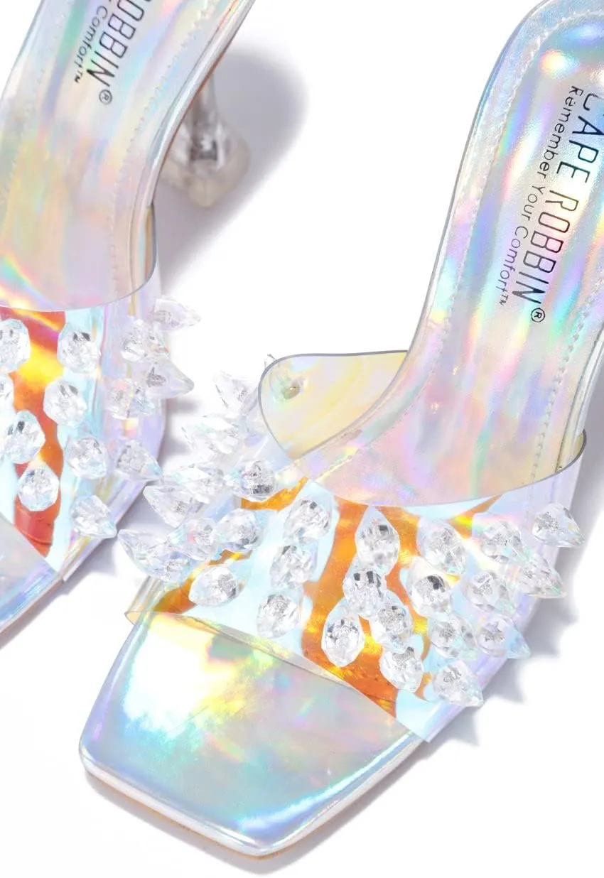 Square Peep Toe Slip On High Heel Sandals Holo
