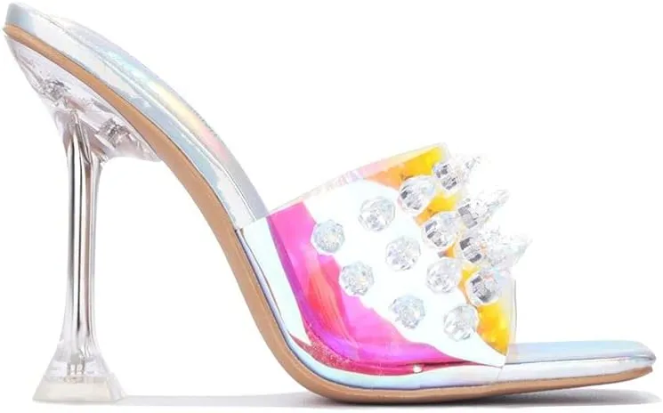 Square Peep Toe Slip On High Heel Sandals Holo