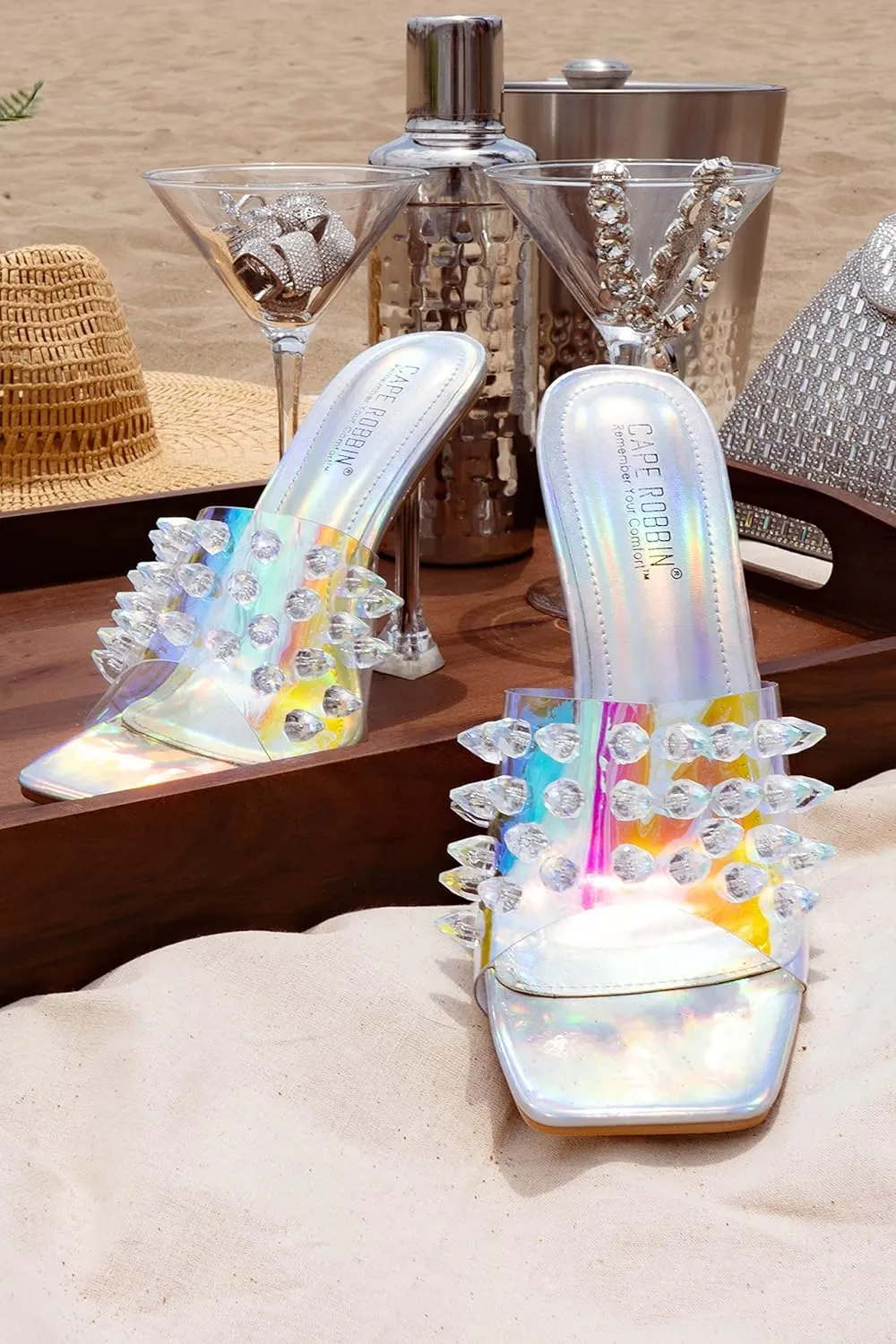 Square Peep Toe Slip On High Heel Sandals Holo