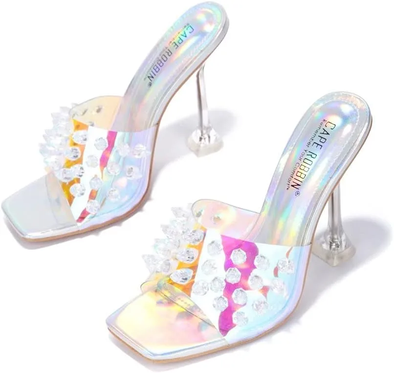 Square Peep Toe Slip On High Heel Sandals Holo