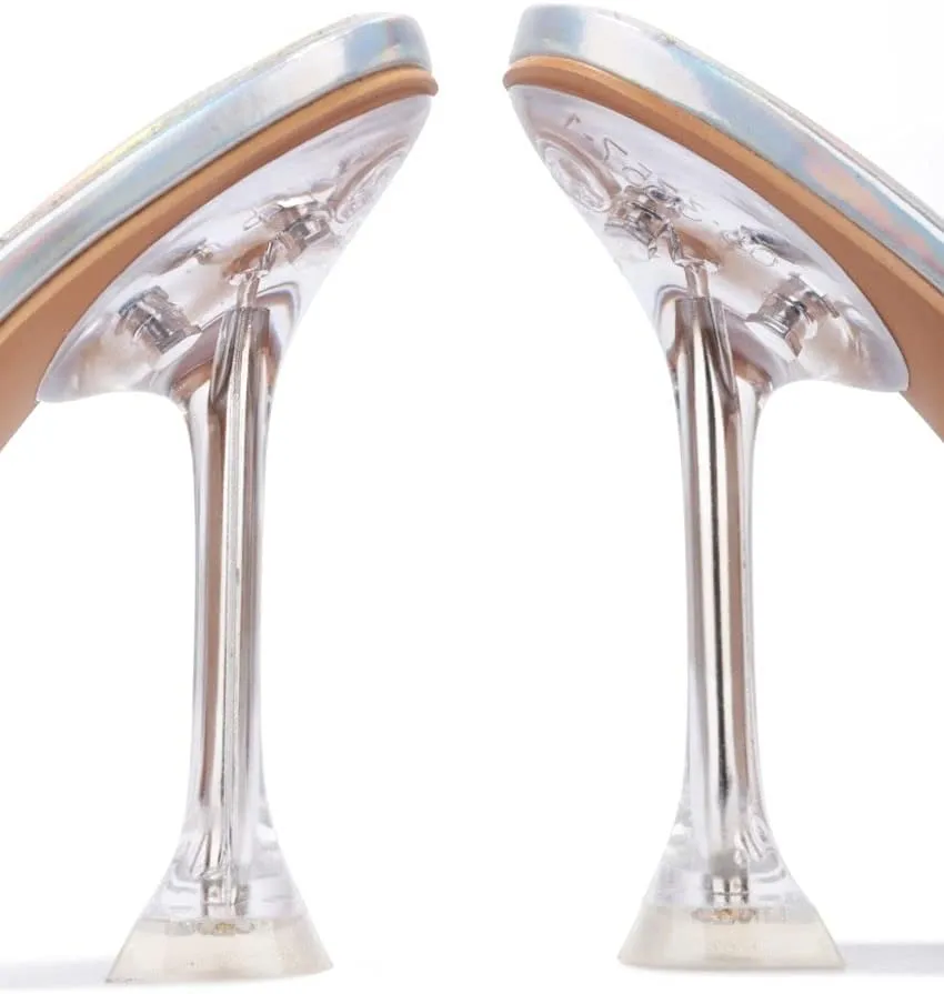 Square Peep Toe Slip On High Heel Sandals Holo
