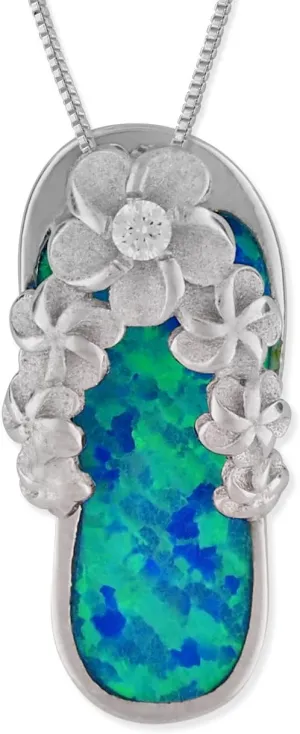 Sterling Silver Synthetic Blue Opal Plumeria Flip Flop Pendant Necklace, 16 2" Extender