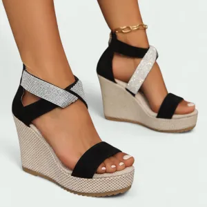 Strazoro | Wedge Sandals with Rhinestones and Cross Strap for (Women)