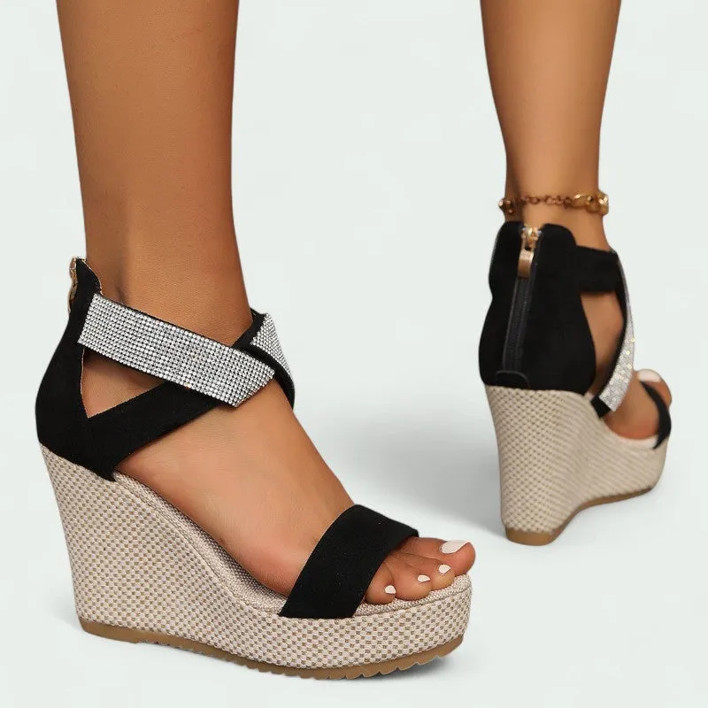 Strazoro | Wedge Sandals with Rhinestones and Cross Strap for (Women)