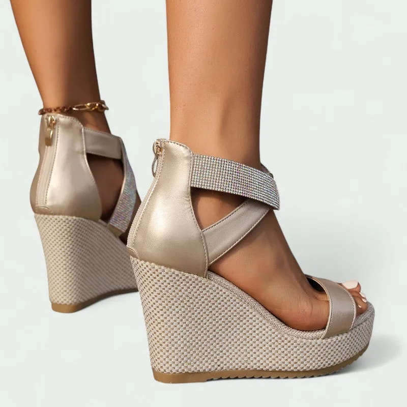 Strazoro | Wedge Sandals with Rhinestones and Cross Strap for (Women)