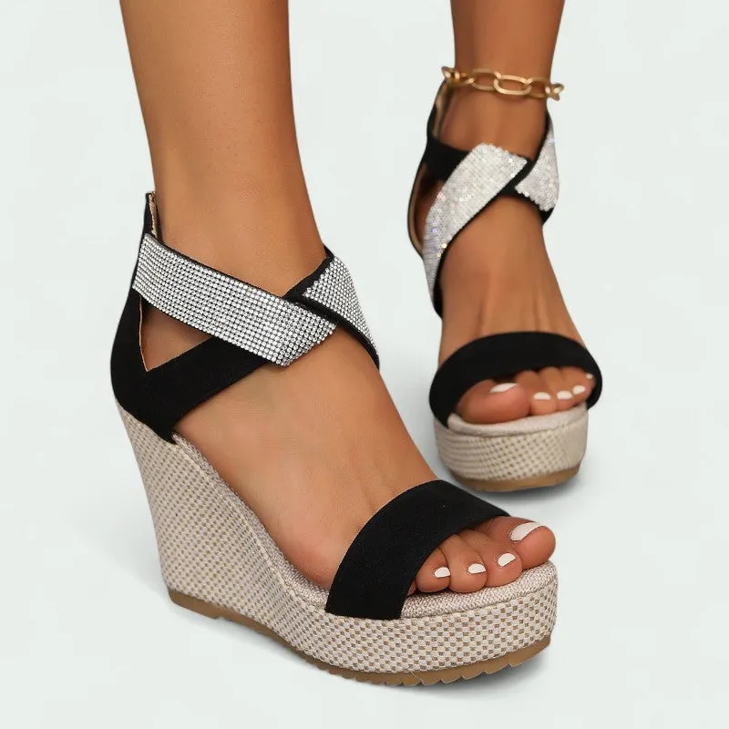 Strazoro | Wedge Sandals with Rhinestones and Cross Strap for (Women)