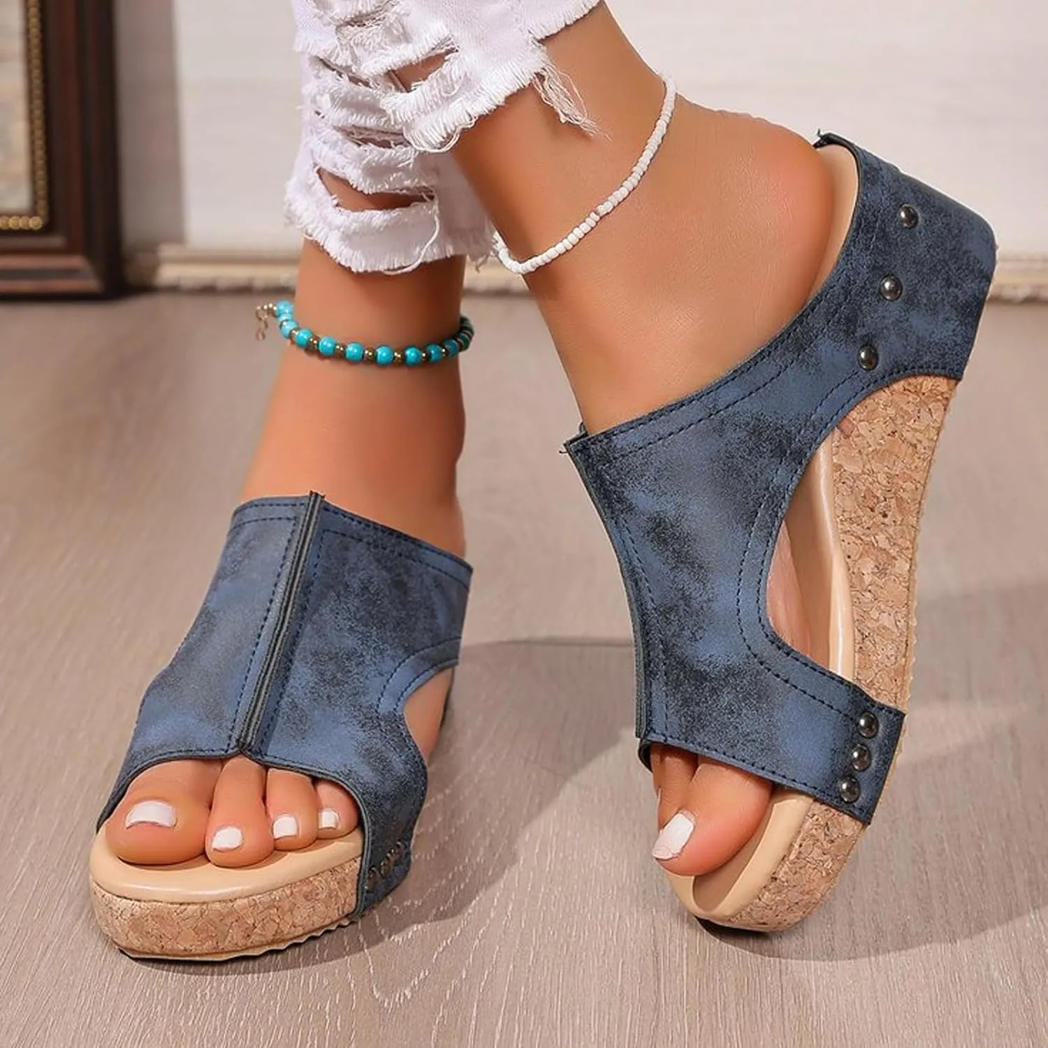 Stud Wedges, Maison Birch Cork Wedges & Platform Slides,With Comfy Platform Orthopedic, Summer Sandals