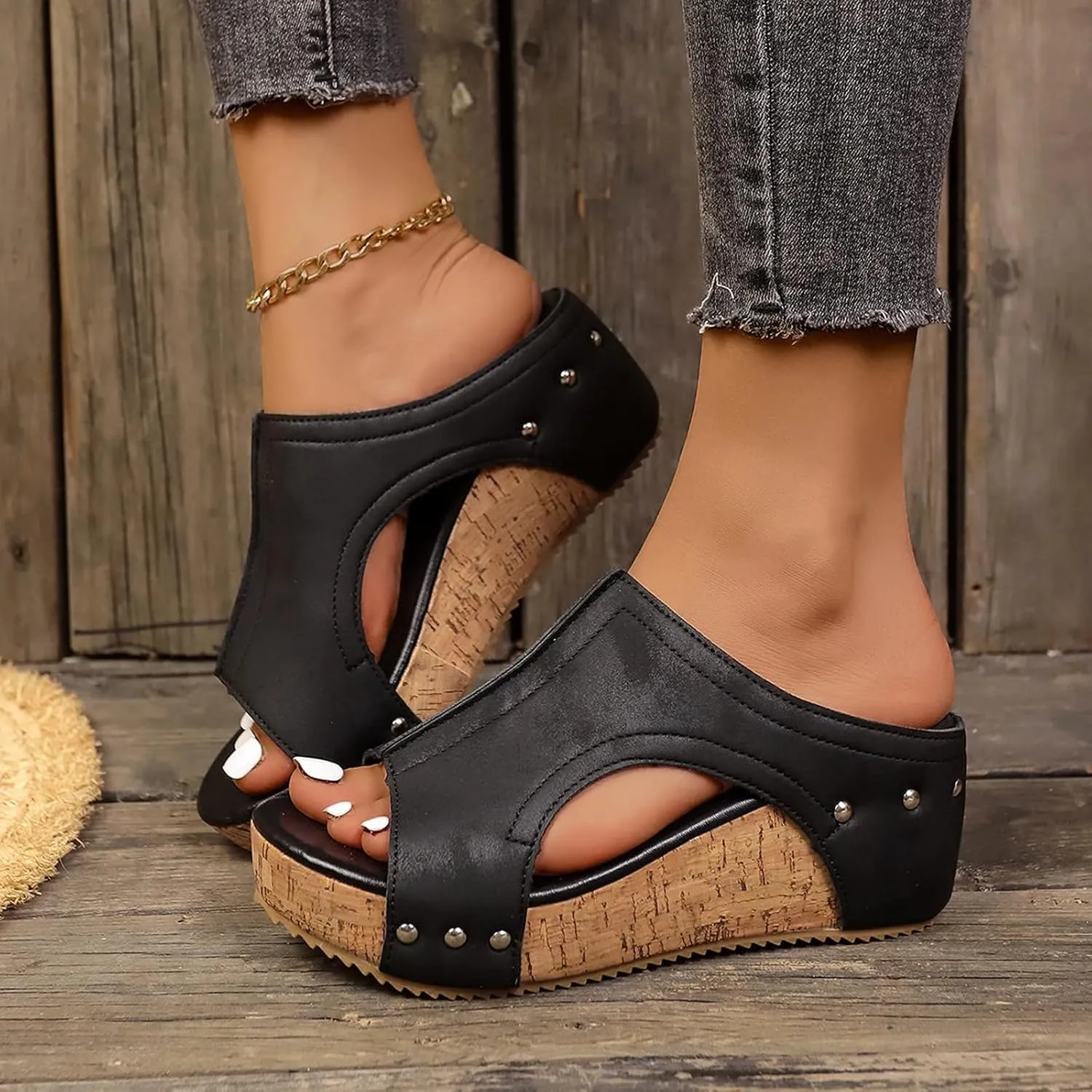Stud Wedges, Maison Birch Cork Wedges & Platform Slides,With Comfy Platform Orthopedic, Summer Sandals
