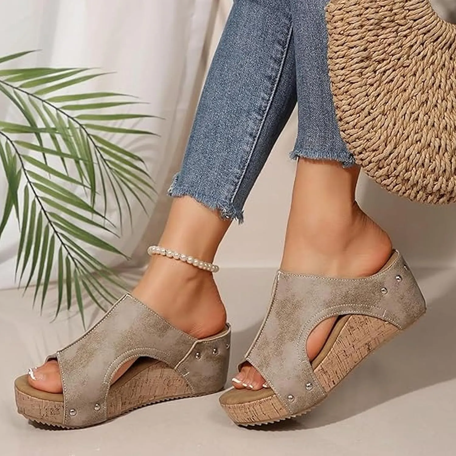 Stud Wedges, Maison Birch Cork Wedges & Platform Slides,With Comfy Platform Orthopedic, Summer Sandals