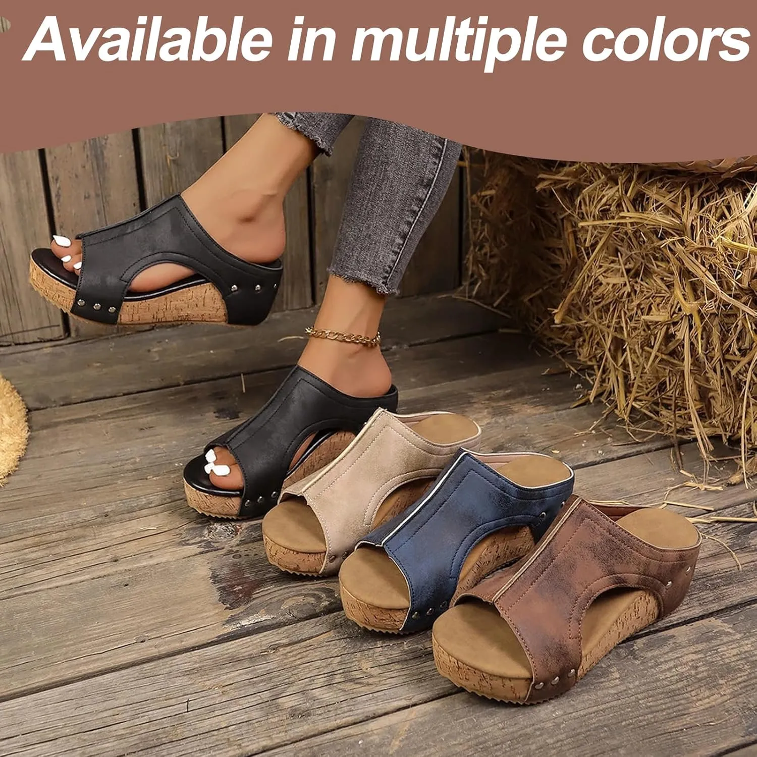 Stud Wedges, Maison Birch Cork Wedges & Platform Slides,With Comfy Platform Orthopedic, Summer Sandals