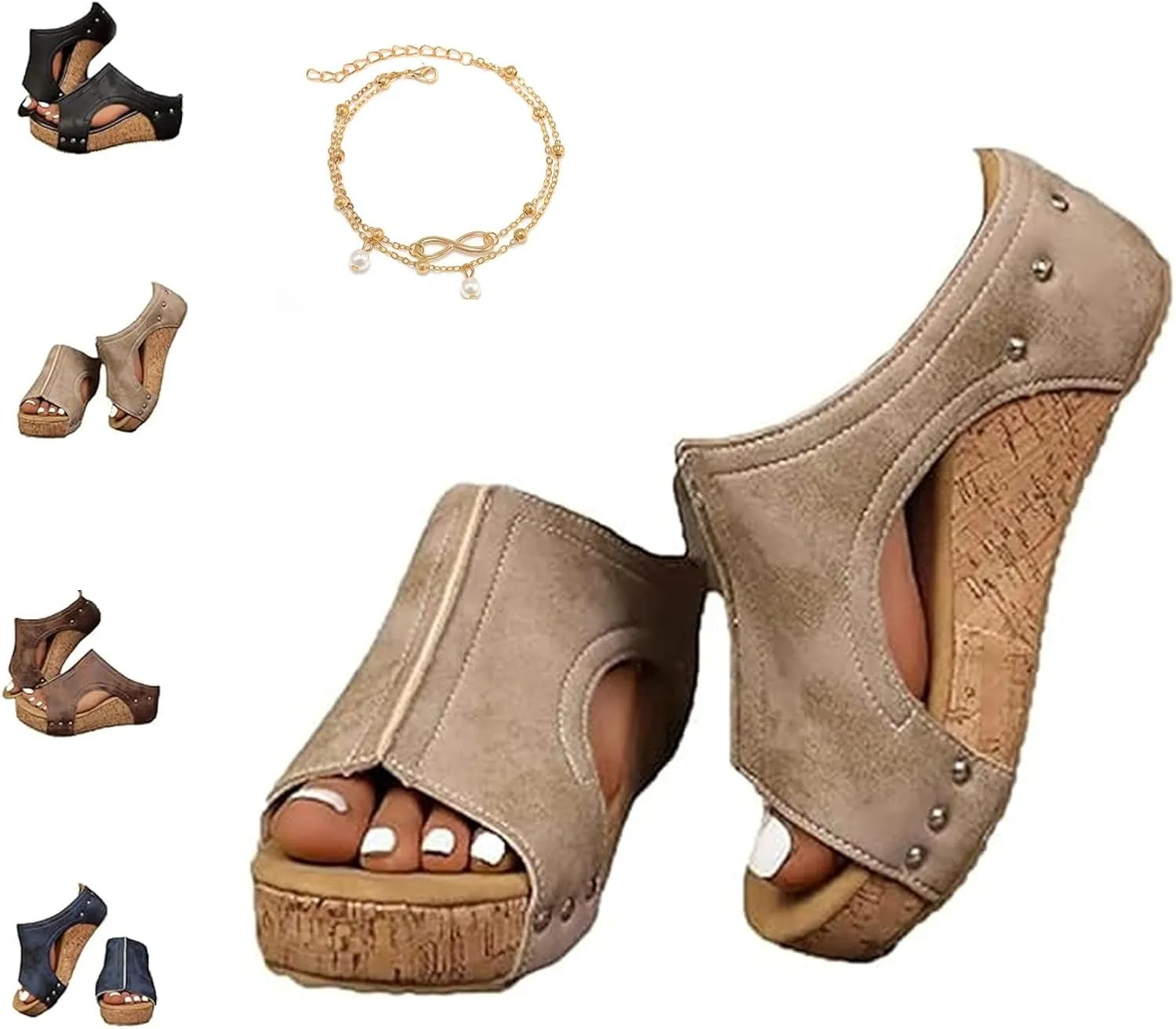 Stud Wedges, Maison Birch Cork Wedges & Platform Slides,With Comfy Platform Orthopedic, Summer Sandals