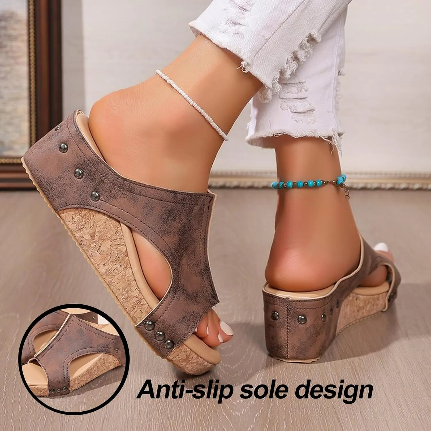 Stud Wedges, Maison Birch Cork Wedges & Platform Slides,With Comfy Platform Orthopedic, Summer Sandals