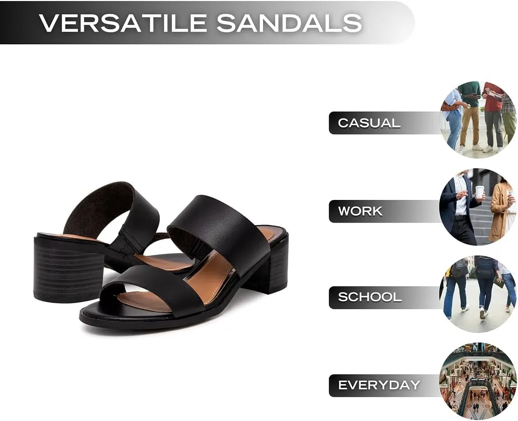 Sugar Women's Heeled Two Band Slide Sandal: Square Open Toe, Low Block Chunky Heels, Slip-On Comfort - Halo