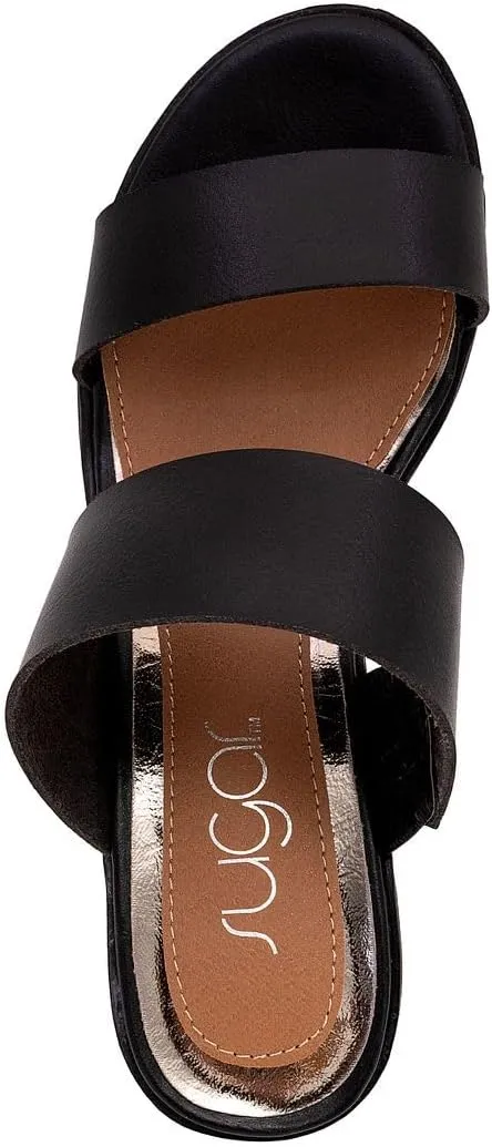 Sugar Women's Heeled Two Band Slide Sandal: Square Open Toe, Low Block Chunky Heels, Slip-On Comfort - Halo