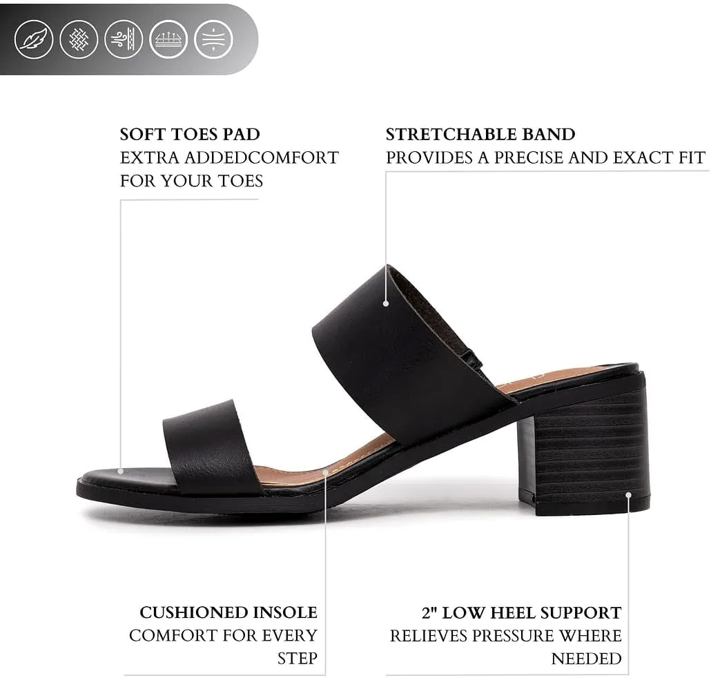 Sugar Women's Heeled Two Band Slide Sandal: Square Open Toe, Low Block Chunky Heels, Slip-On Comfort - Halo