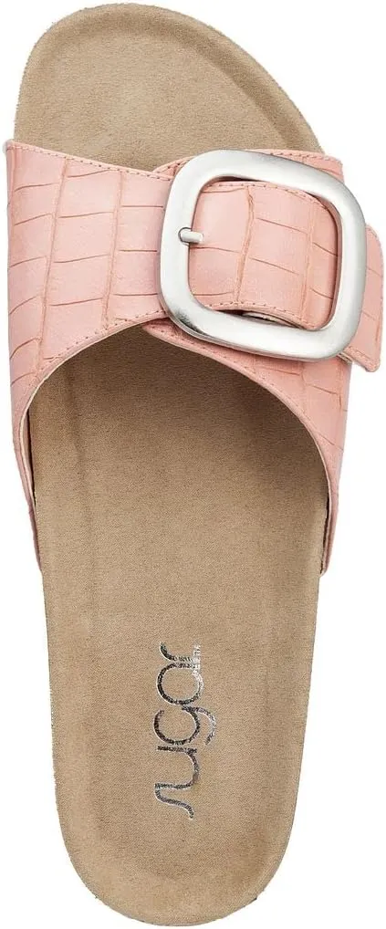 Sugar Womens Slide Sandals - Slip-on Flat Sandals for Women - Open Toe Slipper Sandal with Wide Buckled Vamp Strap