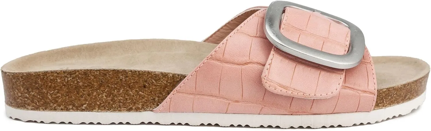 Sugar Womens Slide Sandals - Slip-on Flat Sandals for Women - Open Toe Slipper Sandal with Wide Buckled Vamp Strap