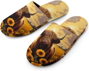 Sunflower Highland Cow Men's Cotton Slippers House Shoes Soft Bedroom Slippers Non-Slip Sole Shoes